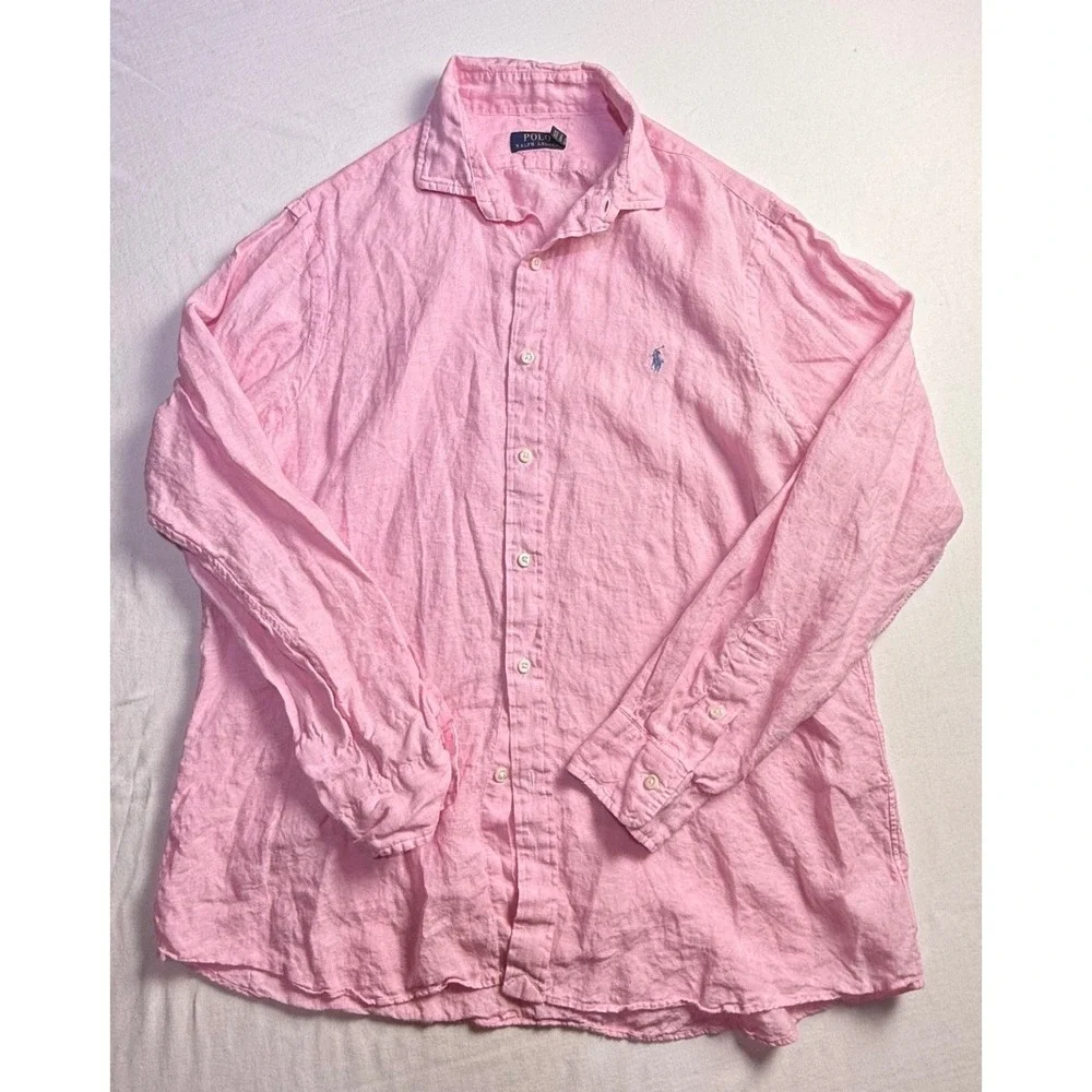 Polo Ralph Lauren Mens XL Pink 100% Linen Button Down Shirt Pony Logo-2529